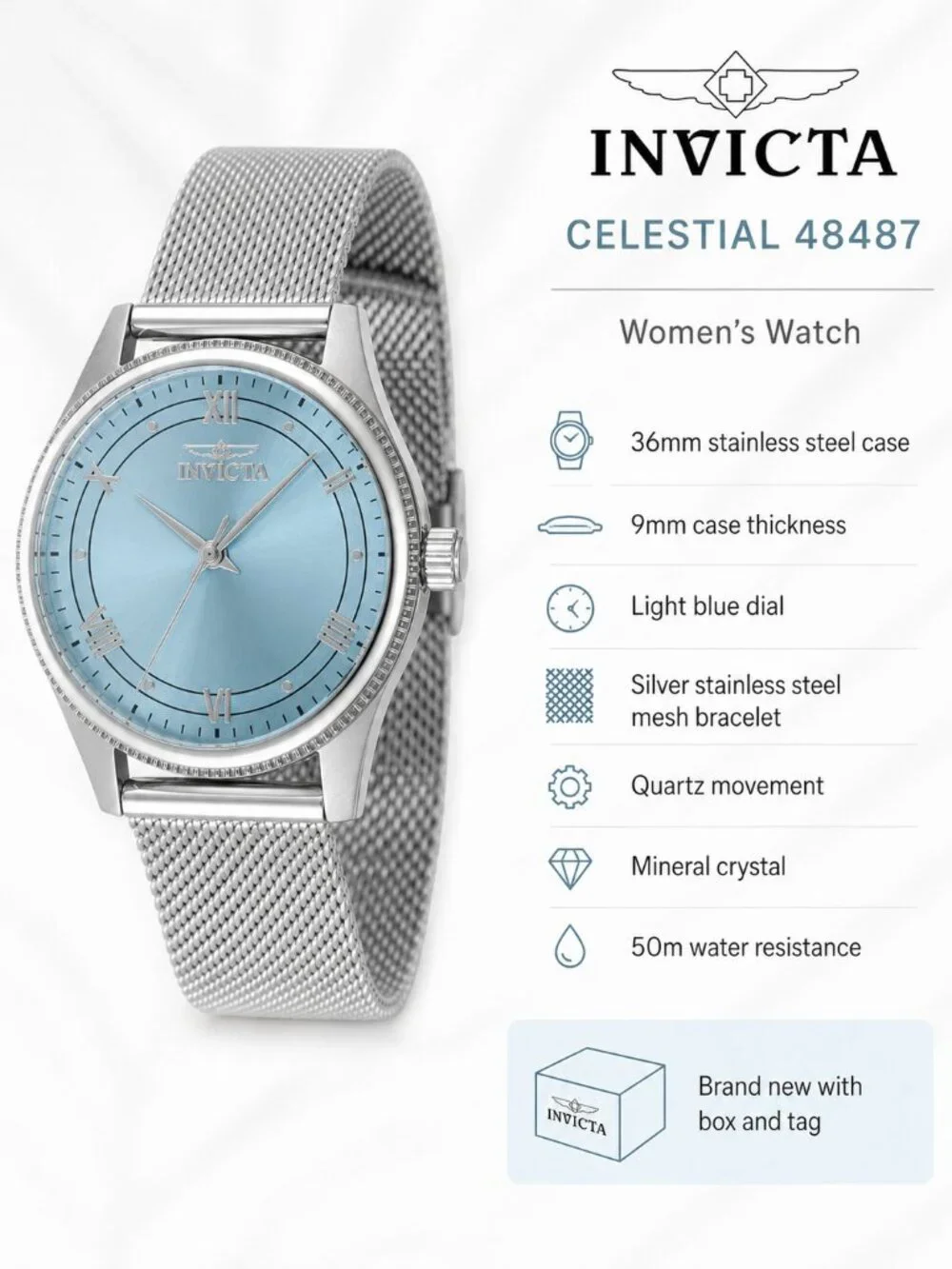 Invicta Celestial 48487 Women's 36mm Light Blue Dial Silver Mesh Watch NIB